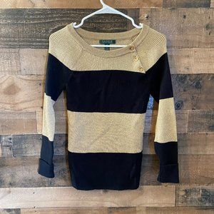 Lauren Ralph Lauren Gold Black Metallic Slim Fit Ribbed Sweater Size M Stretch